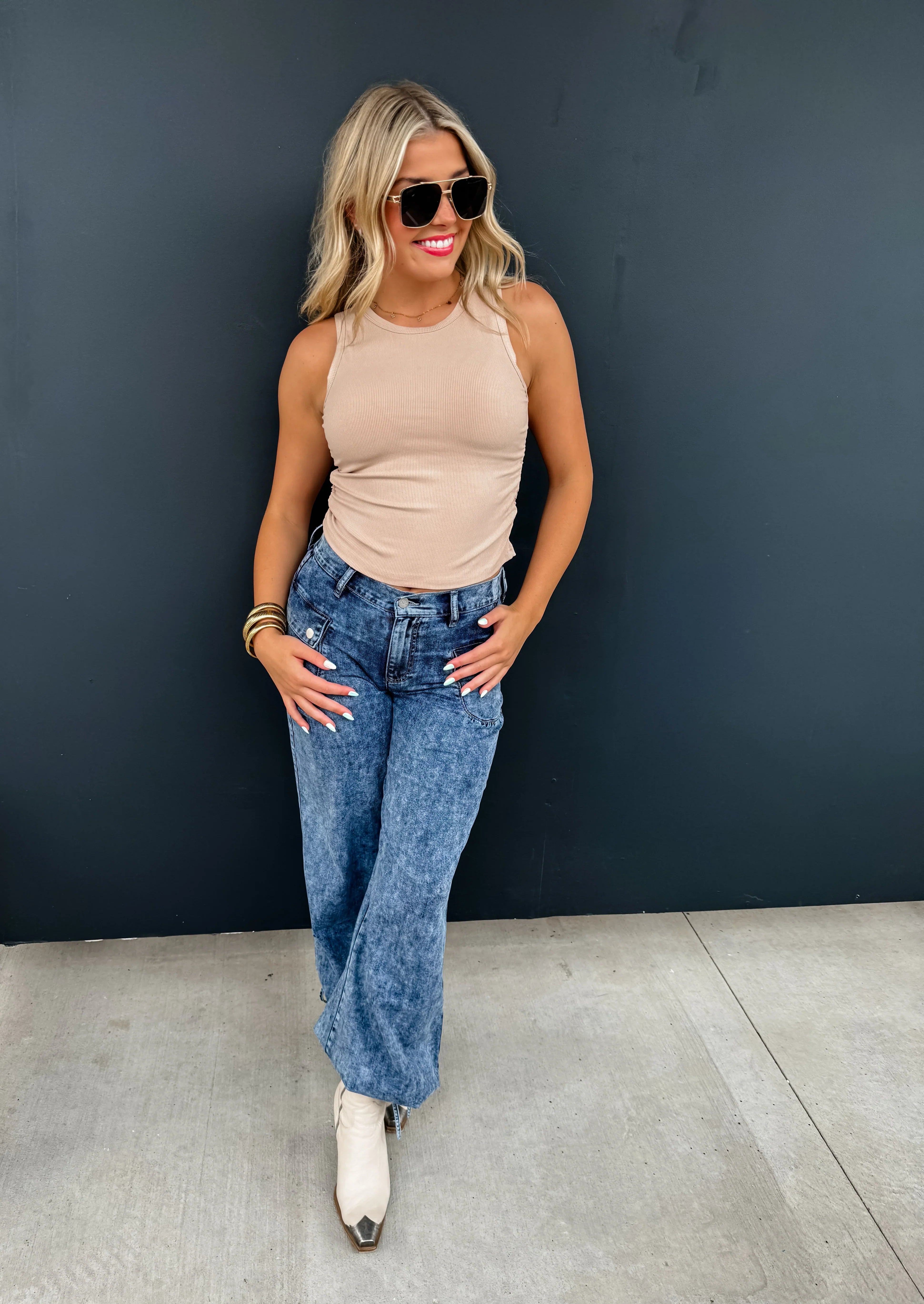 PREORDER: Charlie Cinch Hem Wide Leg Jeans - High Waist Stretch Denim Pants for Women | Casual & Chic Outfit for Everyday Wear