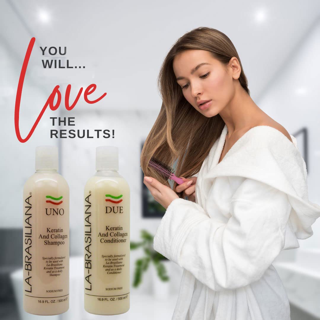 La-Brasiliana Uno Collagen Shampoo & Due Collagen Conditioner Set - 8.45 fl.oz Each - Hydrating & Repairing Hair Care for Dry, Damaged Hair - Perfect for Daily Use & Salon-Quality Results at Home