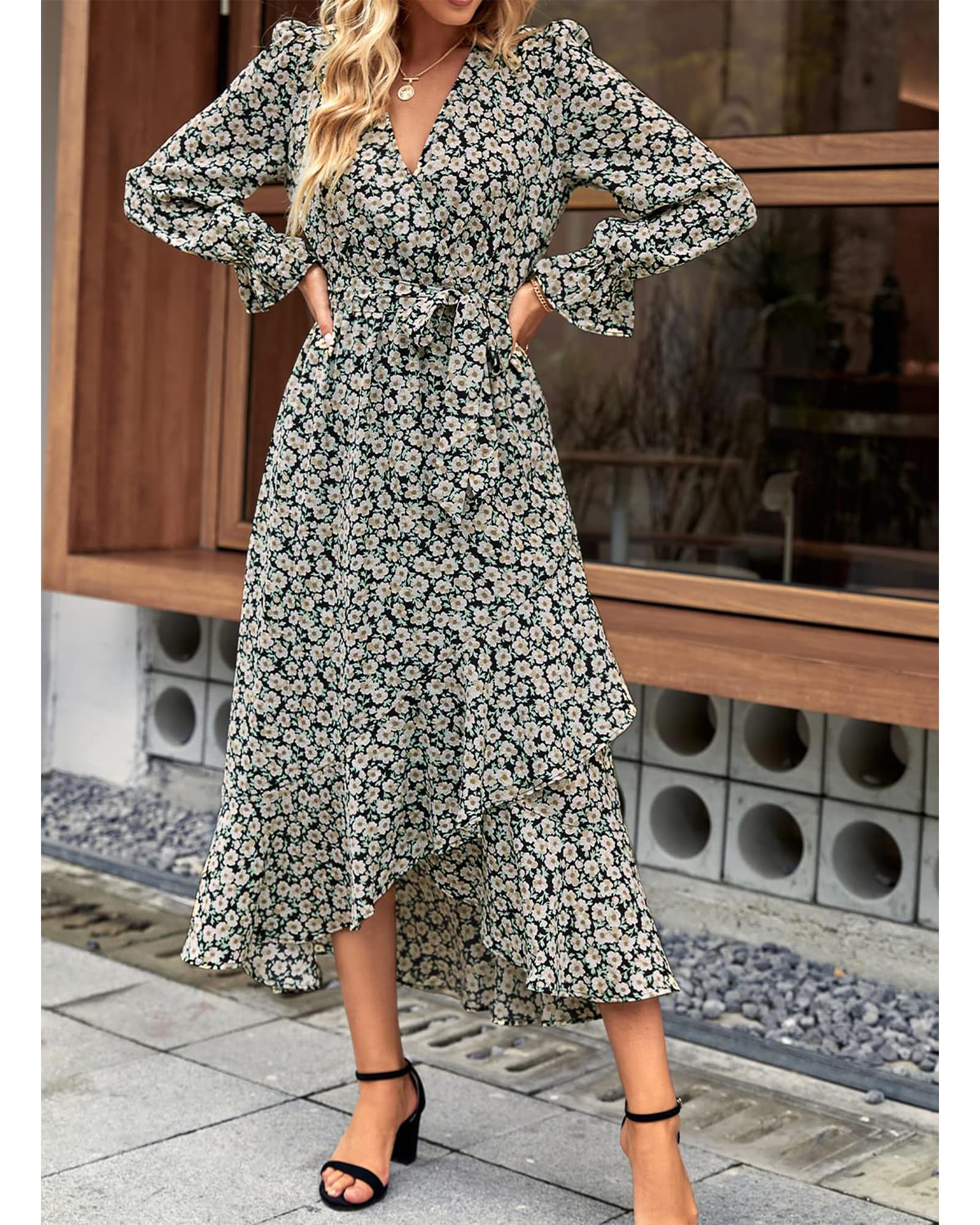 BTFBM Women's Long Sleeve Floral Dress - V Neck High Waist Ruffle Boho Maxi Dress for Spring Summer 2025 | Wedding Guest Dress, Garden Party, Date Night & Special Occasions