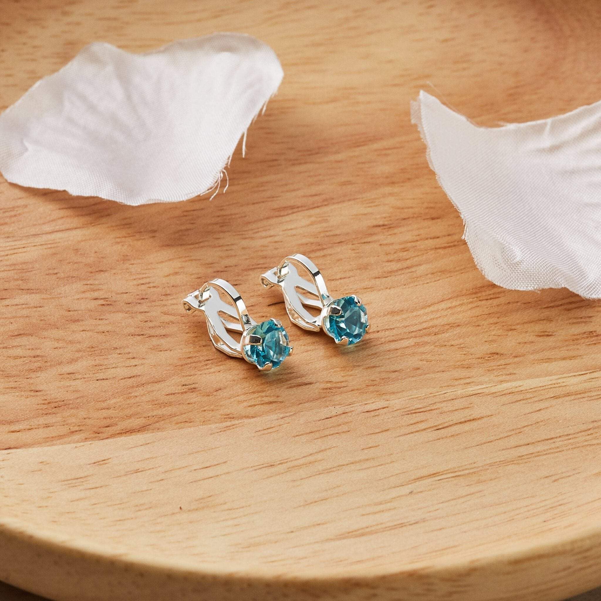 Aquamarine Clip-On Earrings with Zirconia for March Birthdays | Gift for Women