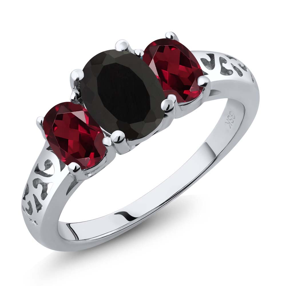 Gem Stone King 2.25 Ct Oval Black Onyx & Red Rhodolite Garnet 925 Sterling Silver 3-Stone Ring for Women | Elegant Jewelry Gift for Anniversary, Birthday & Special Occasions