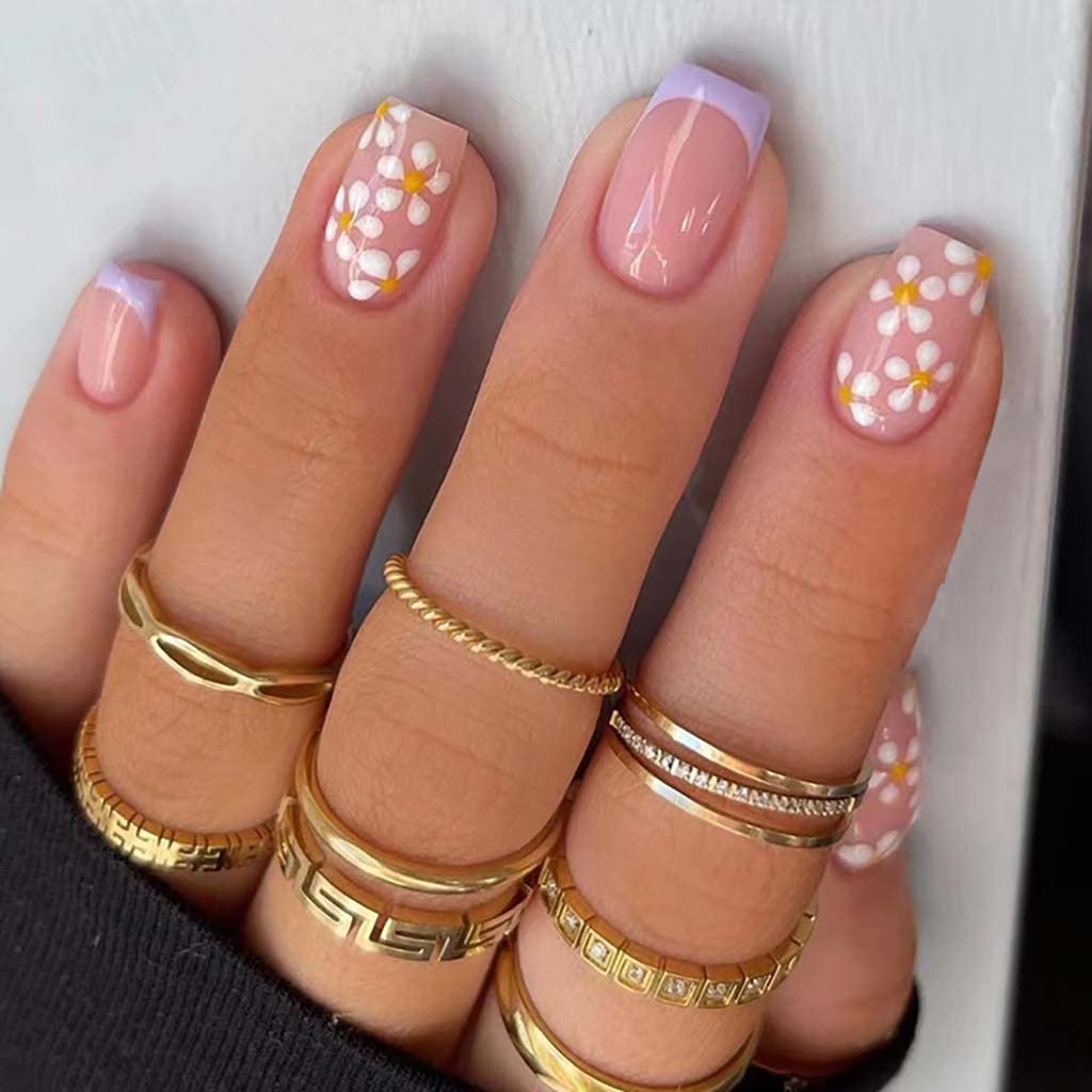 RikView French Press on Nails - Short Fake Nails with Purple Flower Design, Square Acrylic Nails for Women | Perfect for Parties, Weddings, and Daily Wear