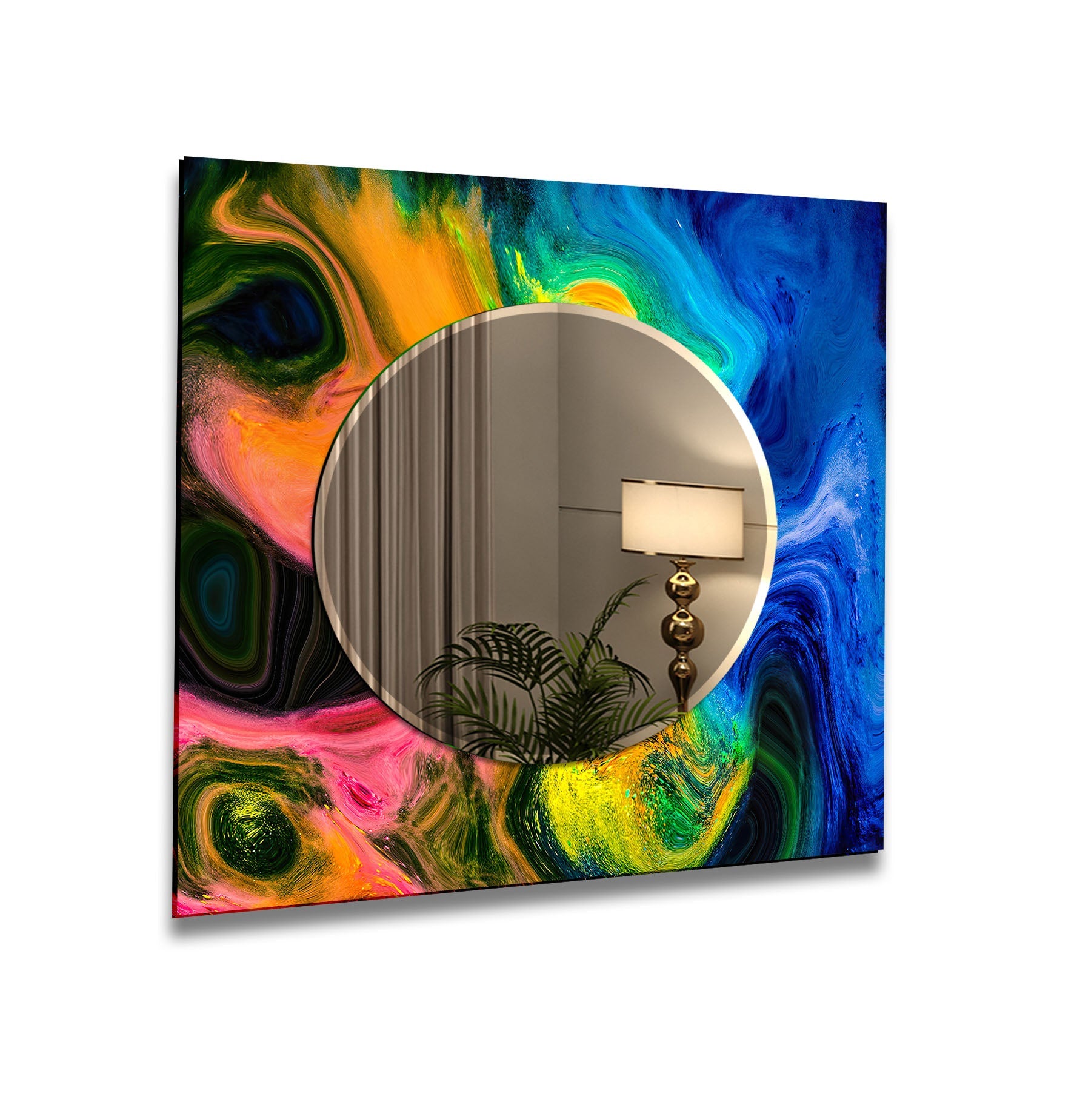Blue and Orange Abstract Wall Mirror - Modern Decorative Mirror for Living Room, Bedroom, or Entryway - Perfect for Home Decor and Interior Design