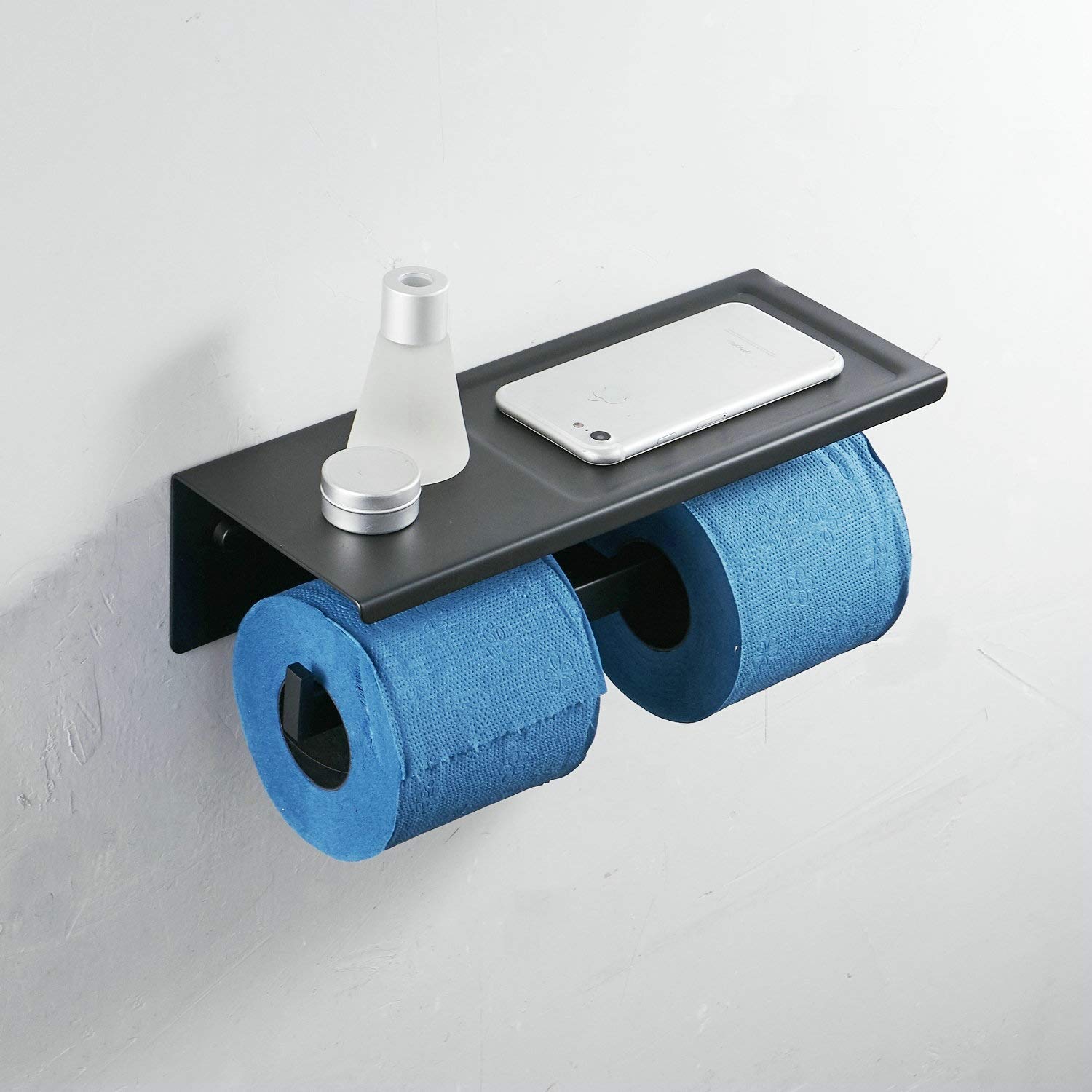 Wall Mounted Double Roll Toilet Paper Holder with Phone Shelf - Black Matte Finish | Bathroom Storage & Organization for Home & Office
