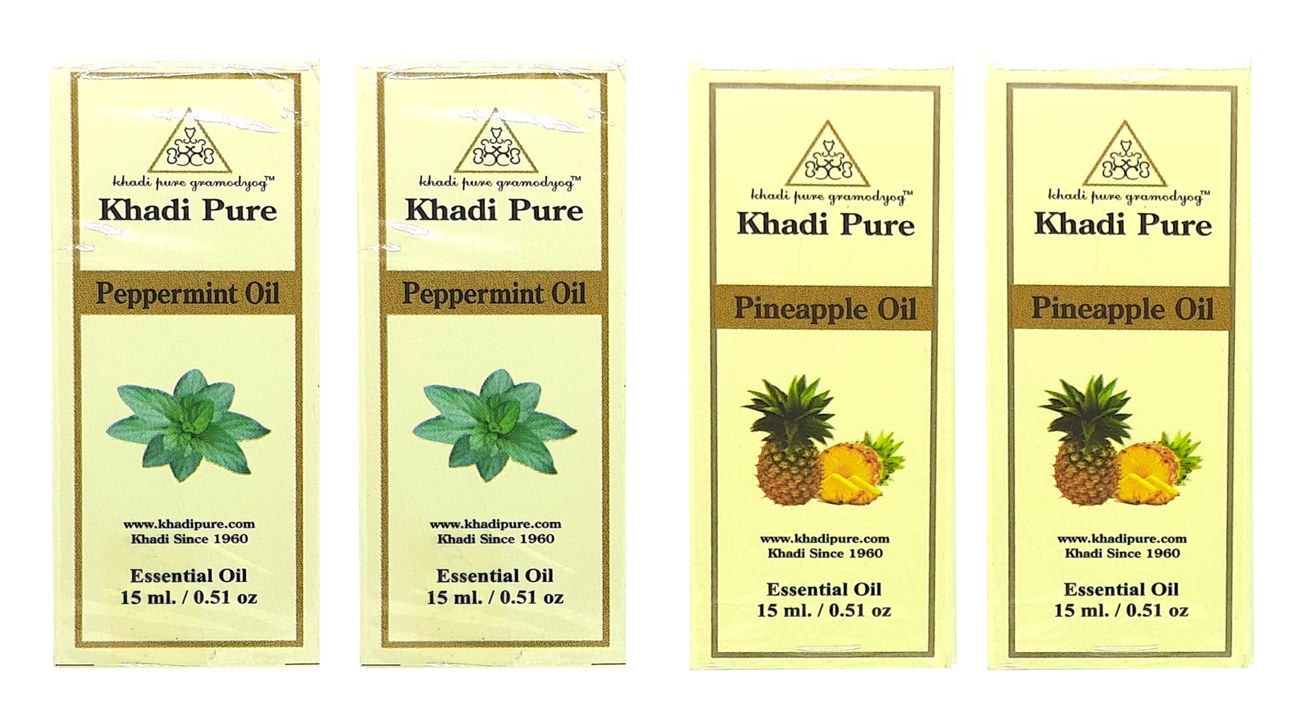 Khadi Pure Peppermint & Pineapple Essential Oil - 15ml (Pack of 4) | Aromatherapy, Diffuser, Massage & Skin Care | 100% Natural Therapeutic Grade for Relaxation & Stress Relief