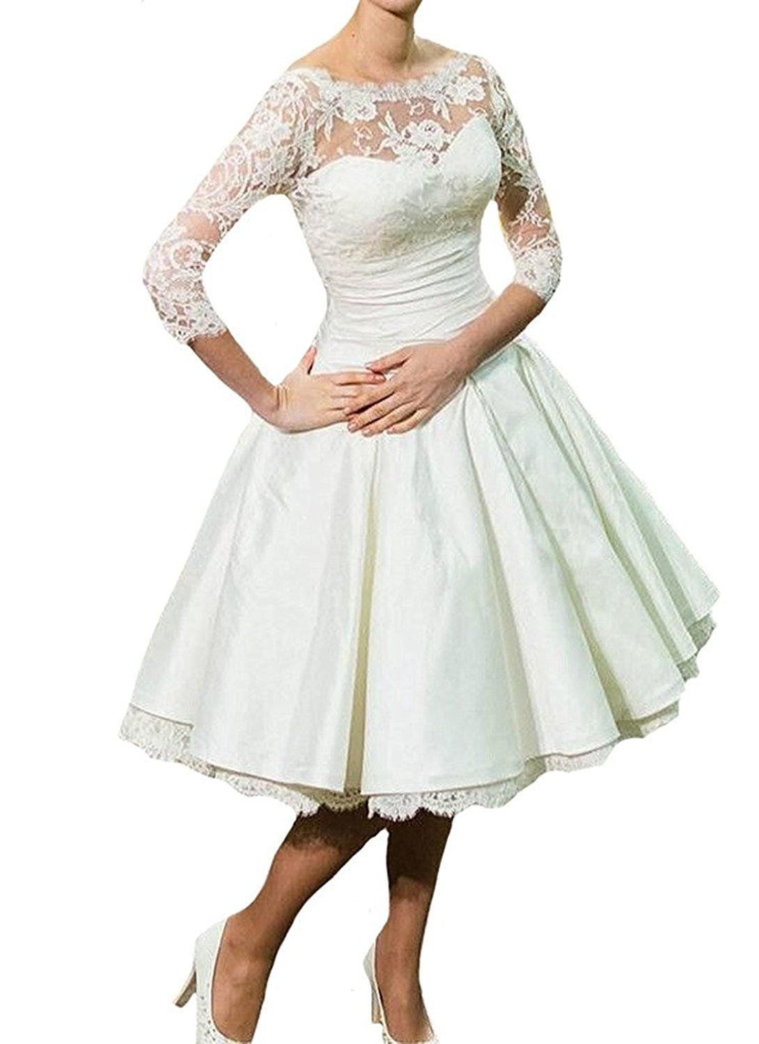 Lorderqueen Women's A-Line Tea-Length Lace Wedding Dress for Bride - Elegant Vintage Bridal Gown for Wedding Ceremony, Reception & Party