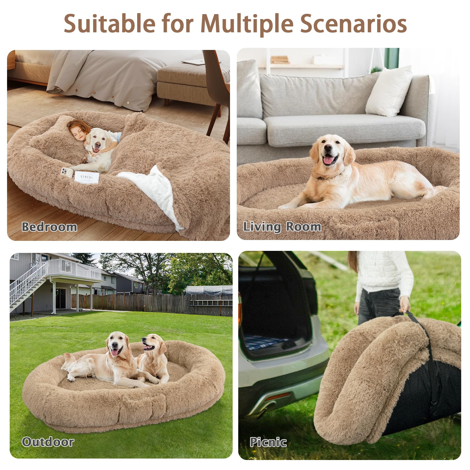 ROOMTEC 71''x45''x12'' Washable Human Dog Bed with 10CM Memory Foam - Oversized Pet Bed for Adults & Dogs | Includes Plush Pillow, Blanket & Strap | Perfect for Living Room, Bedroom & Pet Lounging (Khaki)