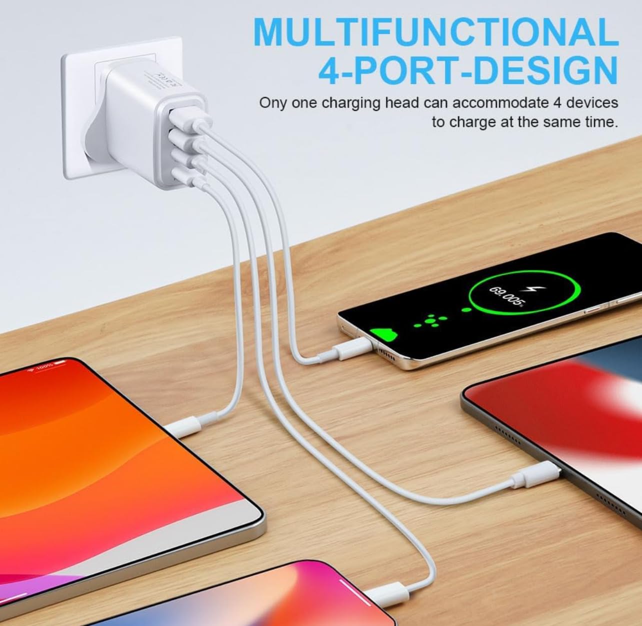40W 4-Port USB C Wall Charger with Fast Charging - Multi Port USB Plug Adapter for iPhone 15 Pro Max/14/13/12/11/XS/XR/8/7 - UK Power Plug - Perfect for Home, Office & Travel Charging Needs