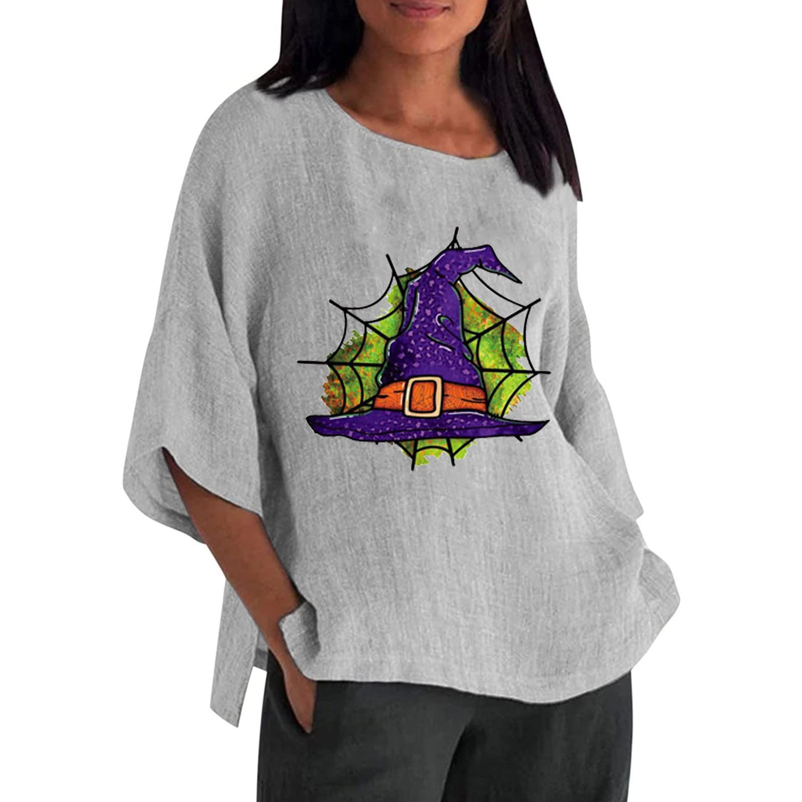 Funny Halloween Costumes for Women & Girls - 3/4 Sleeve Pumpkin Print Loose Fit Crewneck T-Shirt | Cute Fall Outfit for Trick-or-Treating, Costume Parties & Spooky Season