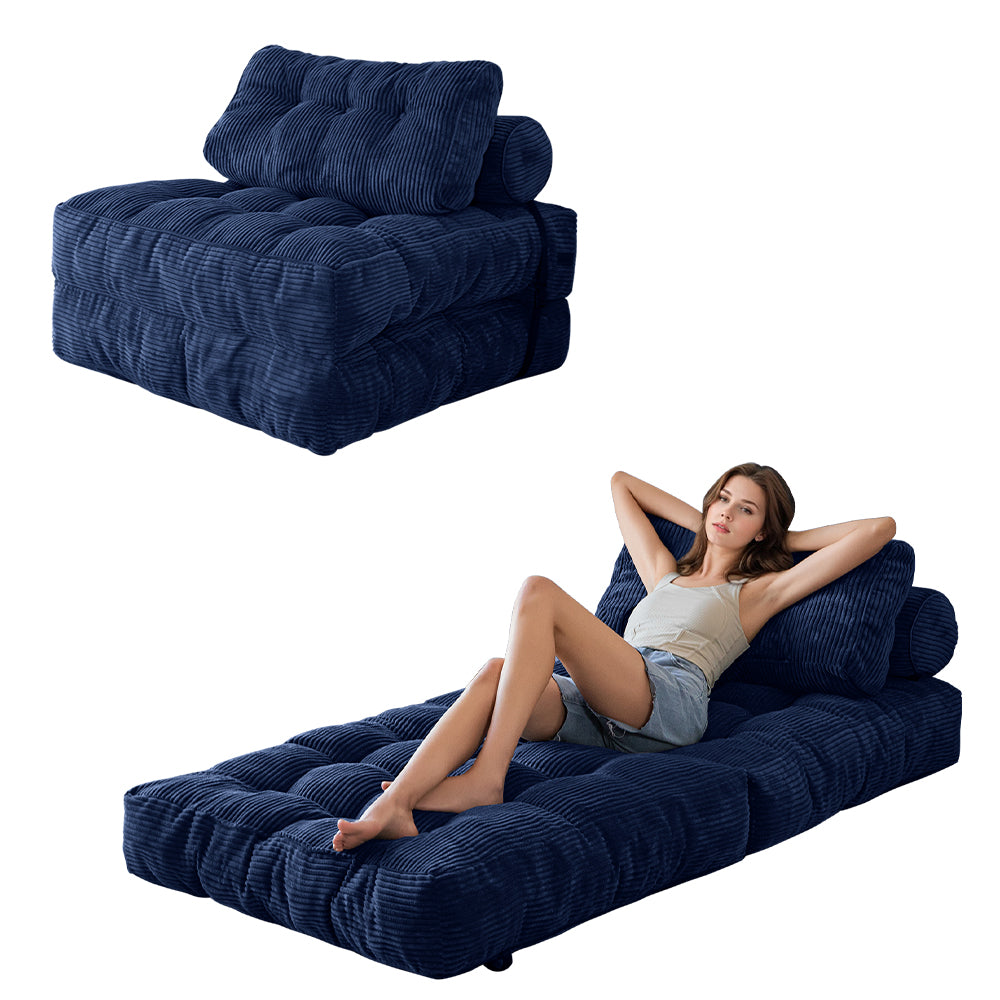 MAXYOYO Corduroy Folding Sofa Bed - Convertible Sleeper Chair with Pillow & Foldable Mattress, Navy Blue | Back Support for Living Room, Guest Room & Small Spaces