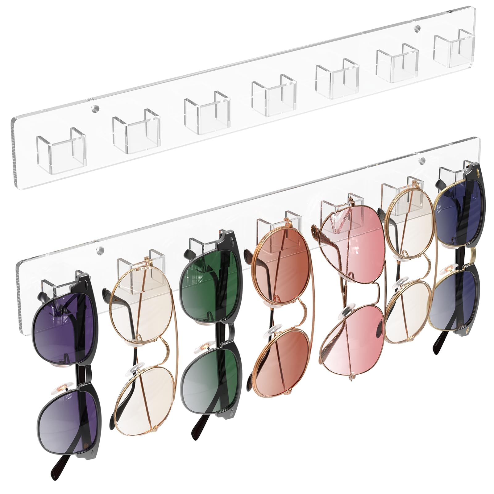 MaxGear Sunglasses Organizer 2 Pack - Wall Mounted Eyeglasses Holder with 14 Slots, Clear Acrylic Display Rack for Glasses Storage - Perfect for Home, Office, Retail Store Display and Sunglass Collection Organization