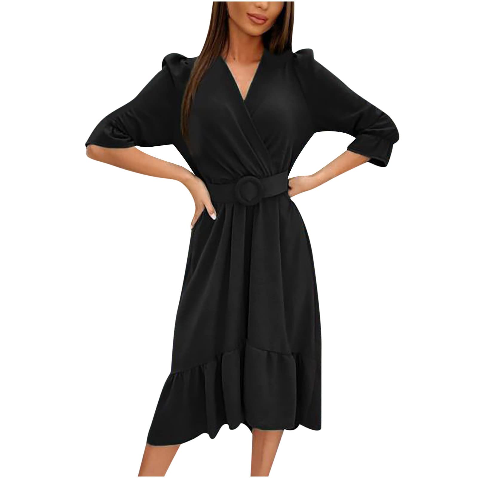 Jsarle Women's Spring Ruffled Wrap Dress - Elegant Half Sleeve Belted Cocktail Dress for Wedding Guest, Party & Special Occasions | Flattering Slim Fit for Spring & Summer Events
