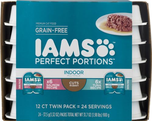 Iams Perfect Portions Indoor Adult Grain-Free Wet Cat Food Pate Variety Pack - Salmon & Tuna Recipes (12 Twin-Pack Trays, 24 Servings, 2.6 oz Each) | Easy Peel Convenience for Daily Feeding | Perfect for Picky Eaters & Sensitive Stomachs