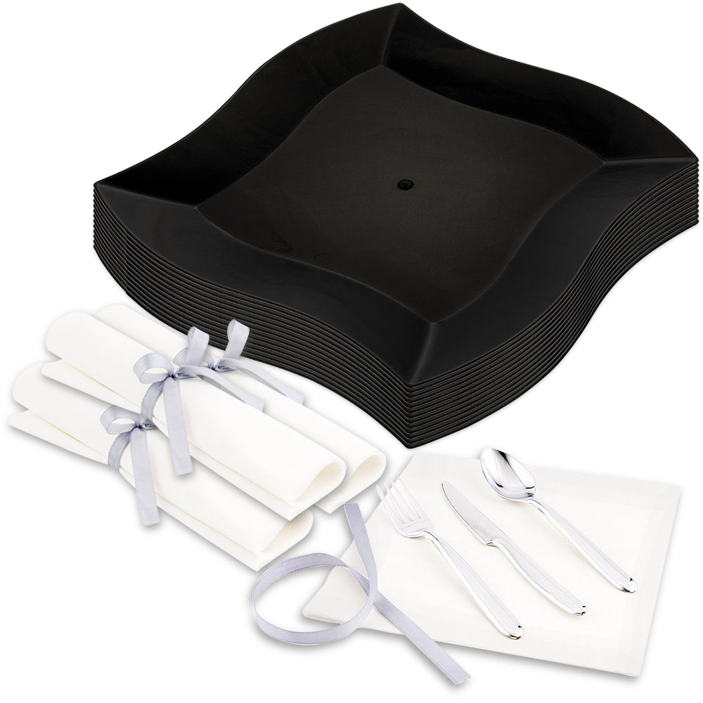 100-Pack Black 9-Inch Square Plastic Aqua Plates & 100-Piece Moderna Silver Plastic Cutlery Set - Perfect for Parties, Picnics, and Outdoor Events