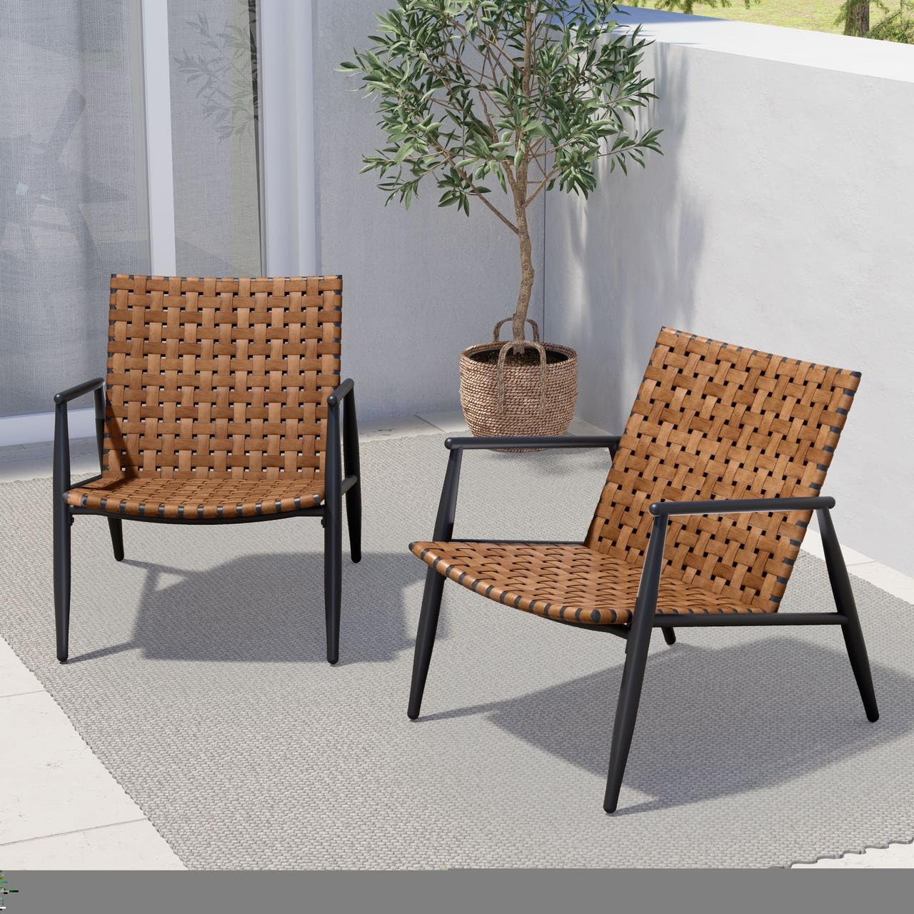 Premium Outdoor Patio Chairs Set of 2 - Weather-Resistant Leather-Look Wicker Chairs with Powder-Coated Aluminum Frame, Patio Bistro Set for Garden, Backyard, Balcony (Brown) - Perfect for Relaxing, Dining & Entertaining Outdoors
