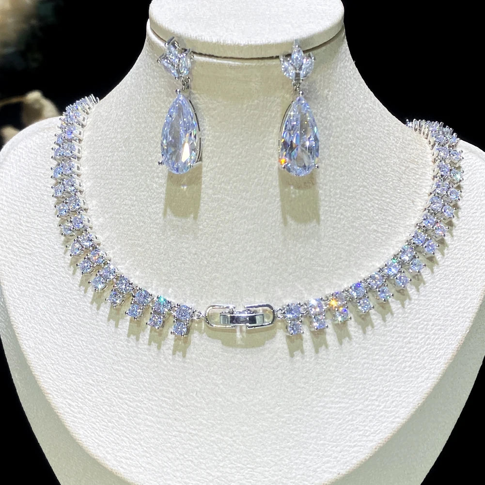Elegant Droplet Cubic Zirconia Tassel Bridal Jewelry Set - Necklace & Earrings for Wedding, Prom, Evening Gala & Special Occasions | Perfect Gift for Bride, Bridesmaids & Formal Events
