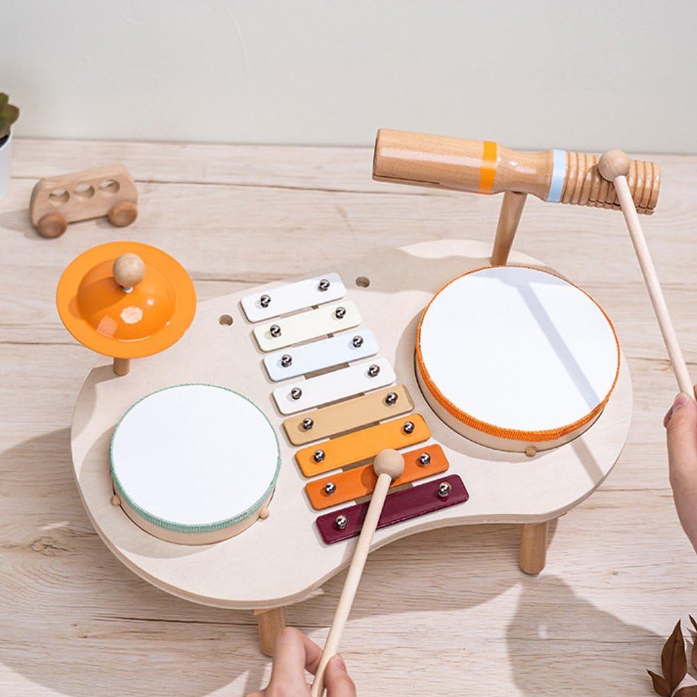 Kids Wooden Drum Kit - Montessori Musical Toy Set for Babies & Toddlers - Early Education Instrument with Natural Wood Design - Perfect for Home Play, Classroom Learning & Birthday Gifts
