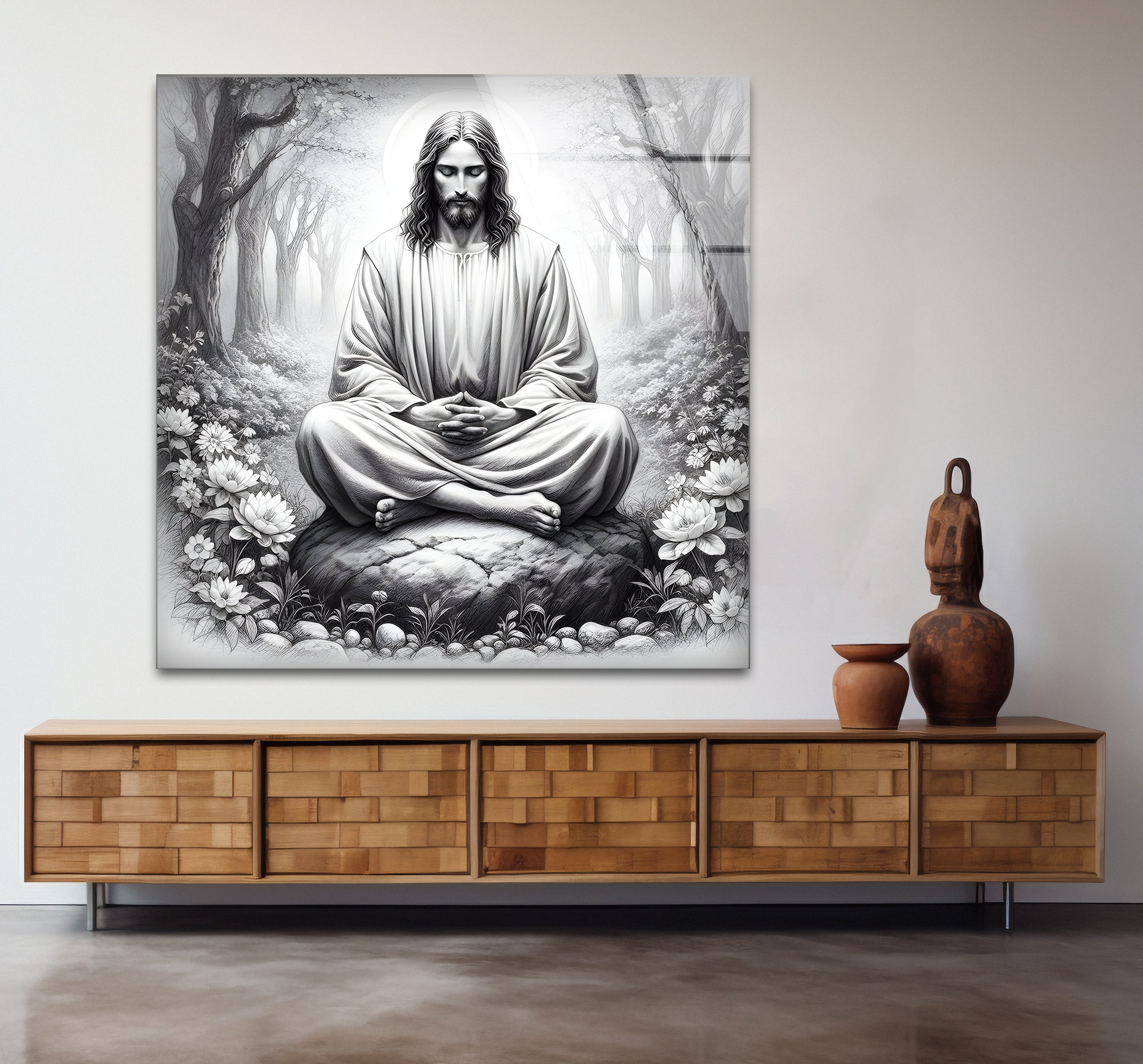 Black and White Jesus Glass Wall Art - Religious Home Decor for Living Room, Bedroom & Church