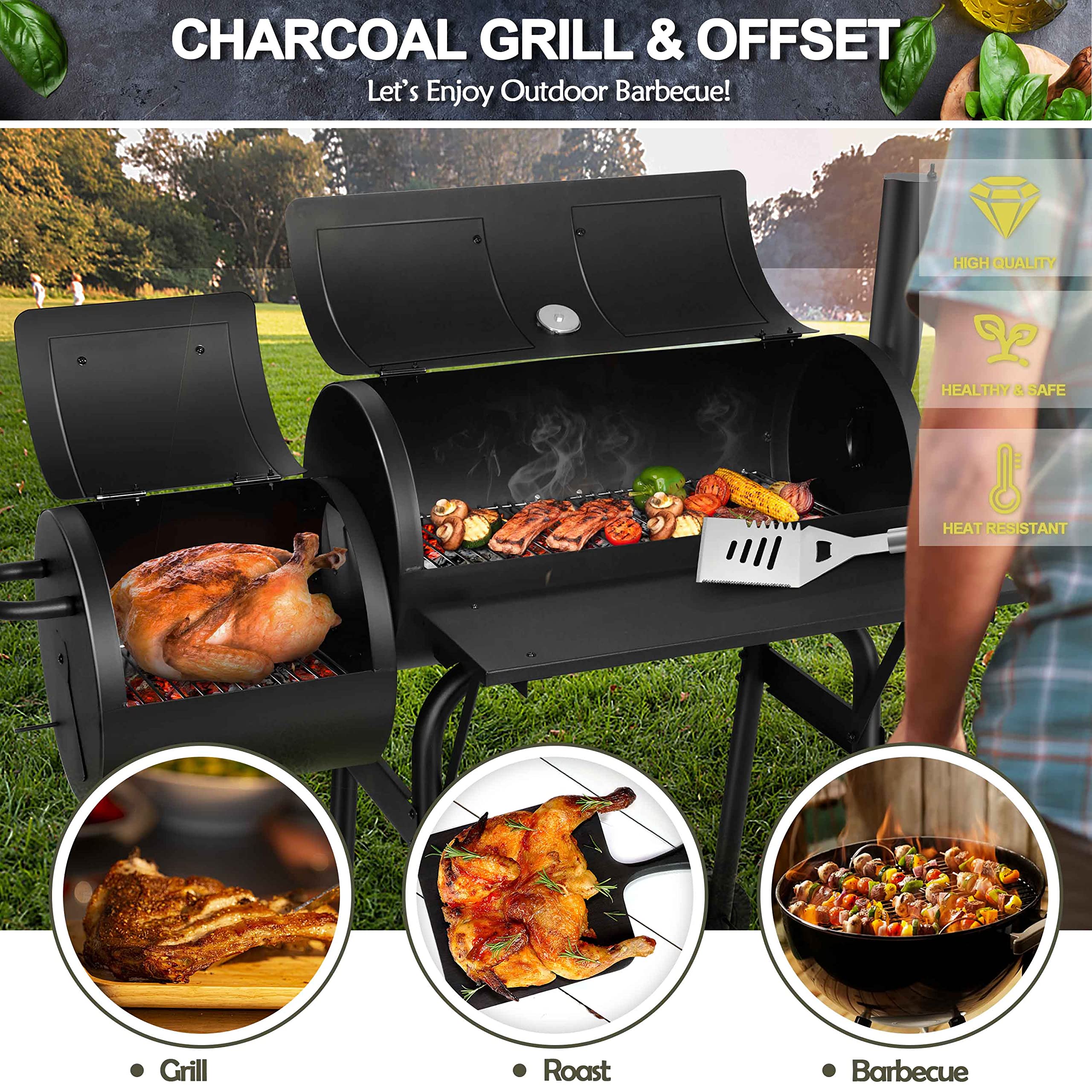 Joyfair Charcoal Grill with Offset Smoker - Heavy Duty Steel Camping BBQ Grill with Side Fire Box, Dual Chamber Design, Built-in Thermometer & Chimney - Perfect for Outdoor Backyard Parties, Tailgating & Camping Trips