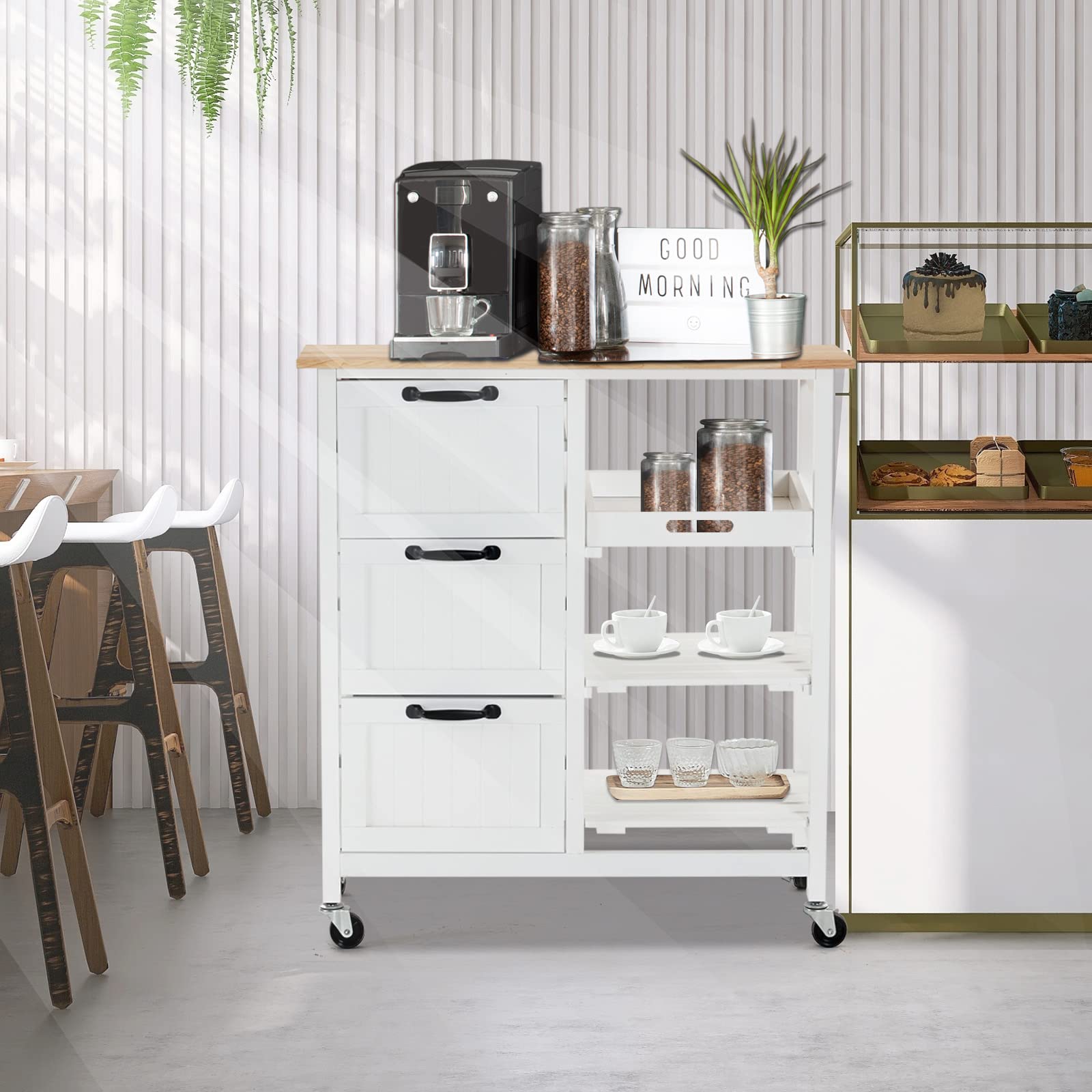 VINGLI Rolling Kitchen Island Cart with 3 Drawers & 3-Tier Storage - Natural Solid Wood Top, Mobile Microwave Trolley for Small Kitchens | Perfect for Coffee Bars, Serving Stations & Compact Kitchen Organization