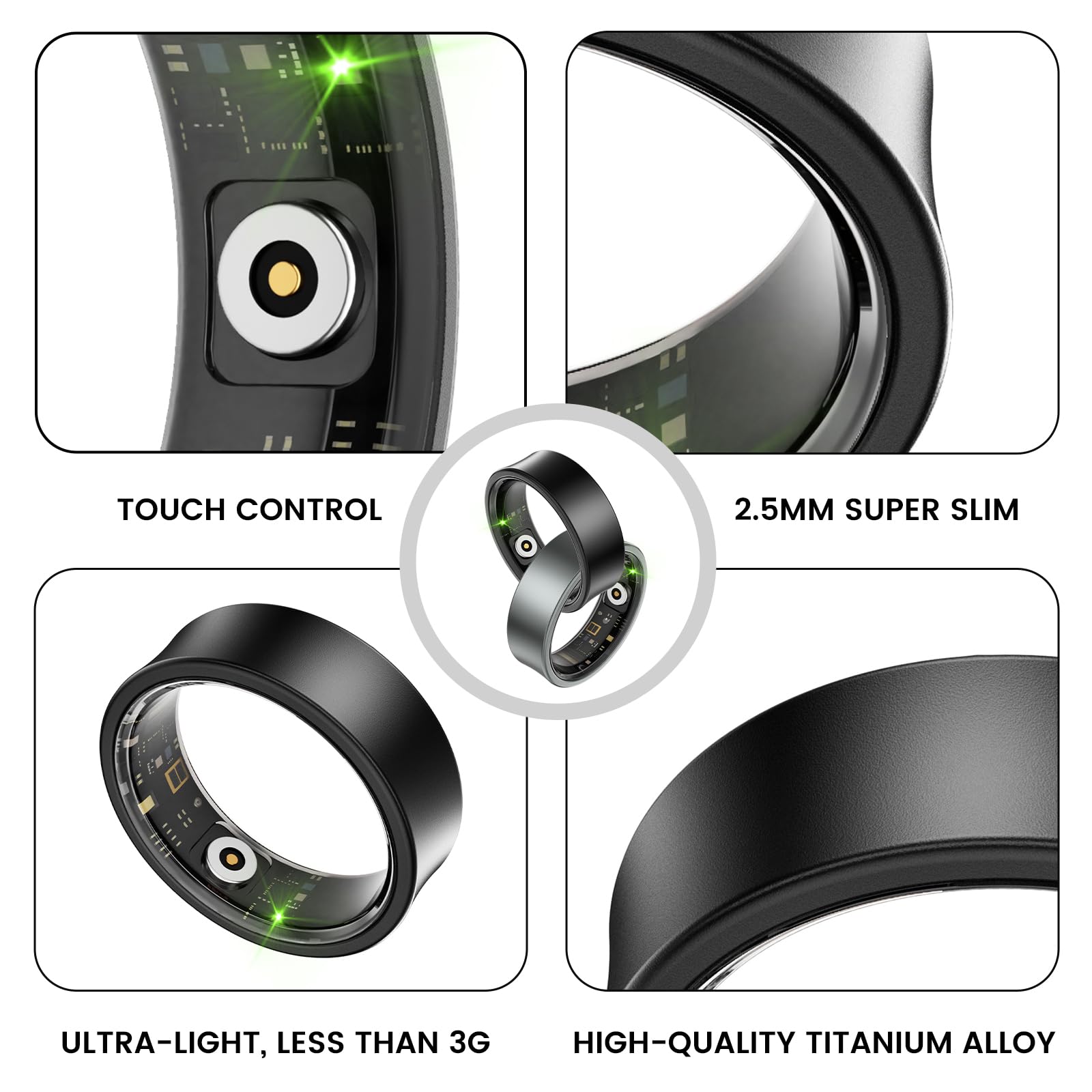 Smart Ring Health & Fitness Tracker for Men & Women - Heart Rate, Blood Oxygen, Sleep Monitor with Waterproof Design | Activity Tracking for Workouts, Daily Health & Sleep Improvement (Black, Size 12)