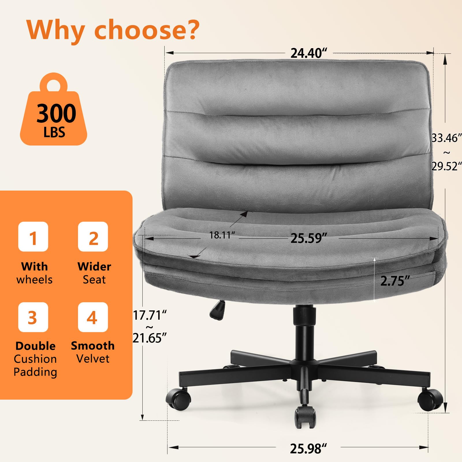 Criss Cross Legged Office Chair with Wheels - Armless Swivel Desk Chair, Wide Seat & Height Adjustable Mid Back - Perfect for Home Office, Computer Work & Vanity Desks