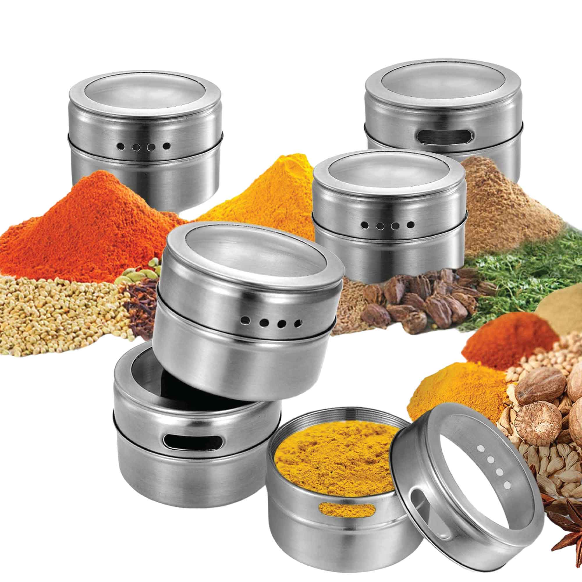 12 Magnetic Spice Jars with Steel Plate - 150g Airtight Seasoning Storage Containers for Kitchen, Pantry & Refrigerator Organization | Perfect for Spices, Herbs & Tea Storage