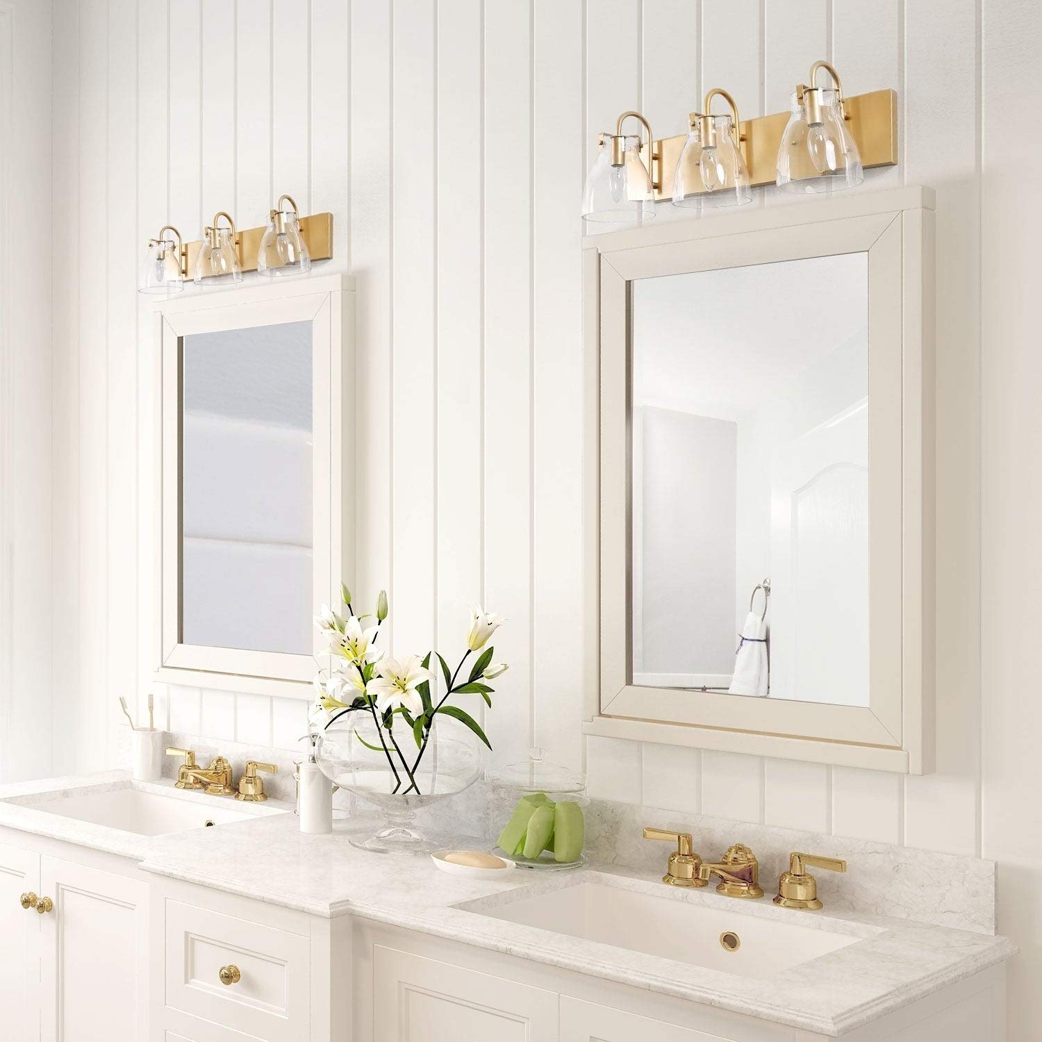 Modern 3-Light Gold Bathroom Vanity Lighting - Brass Wall Sconce with Dimmable Glass Shades (22