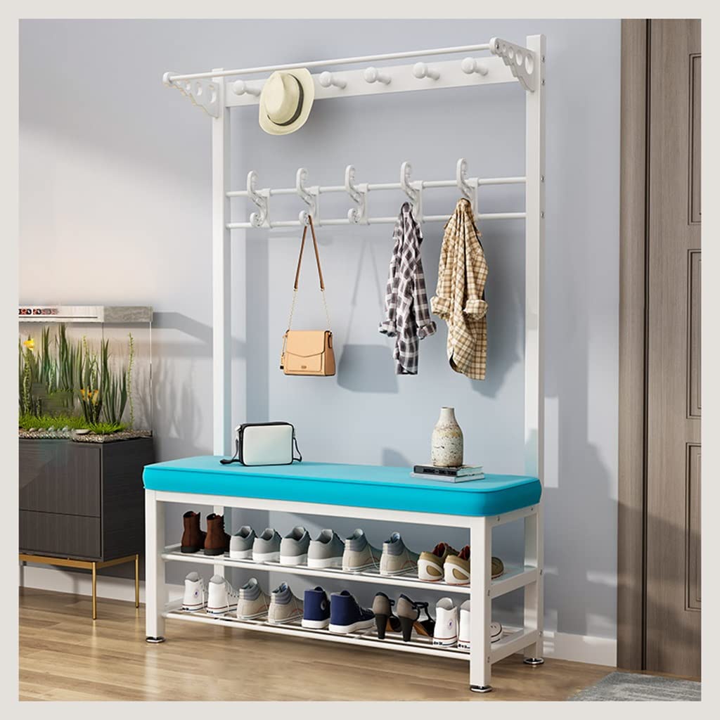 YAWEDA 4-in-1 Hall Tree Coat Rack with Shoe Storage Bench - 16 Hooks Entryway Organizer, Industrial Metal Frame Shoe Bench for Entryway, Mudroom & Foyer - Easy Assembly Home Furniture for Small Spaces