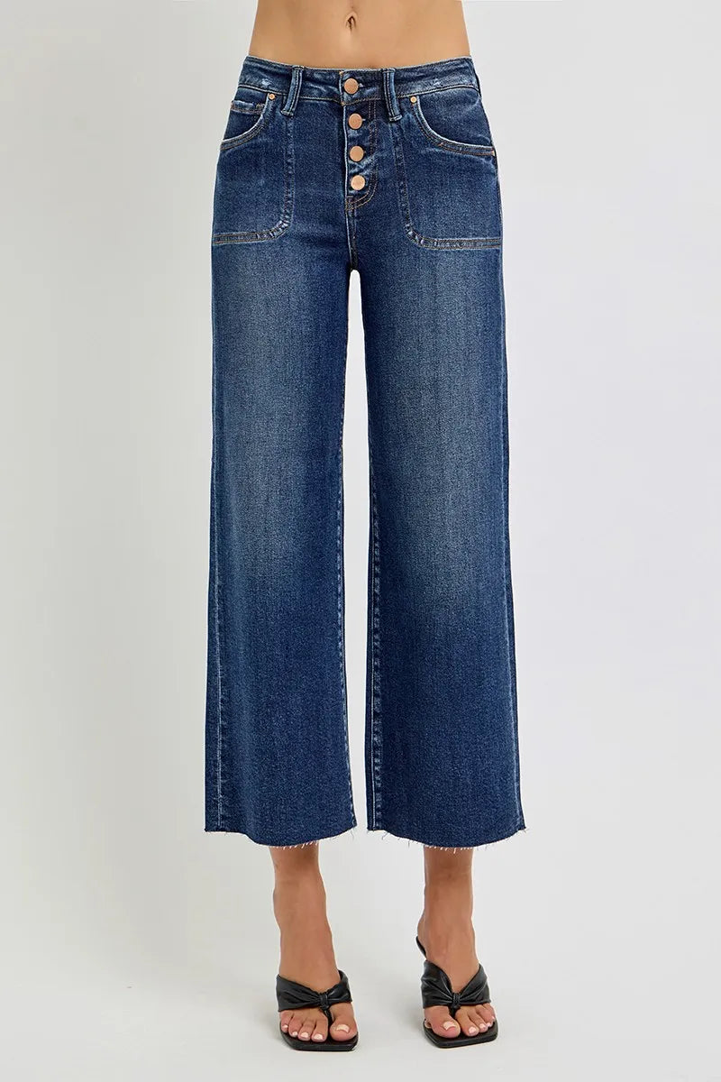 RISEN High Rise Crop Wide Leg Button Up Jeans for Women - Trendy Distressed Denim Pants for Casual Outfits & Street Style Fashion