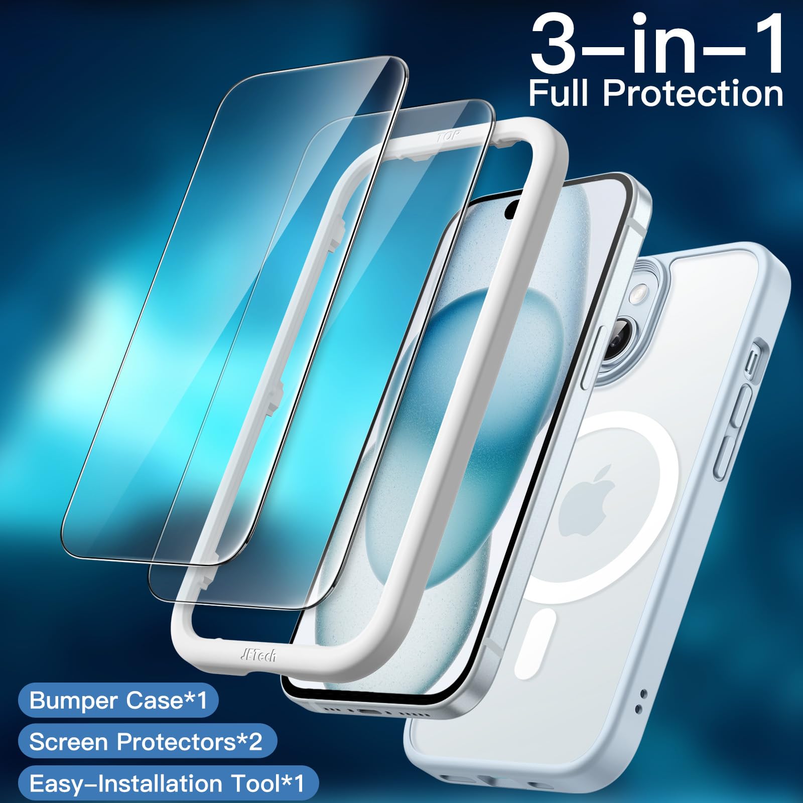 JETech 3 in 1 Magnetic Case for iPhone 15 6.1-Inch | 2 Pack Tempered Glass Screen Protectors | MagSafe Compatible | Translucent Matte Shockproof Cover (Blue) | Perfect for Work, Travel & Everyday Protection
