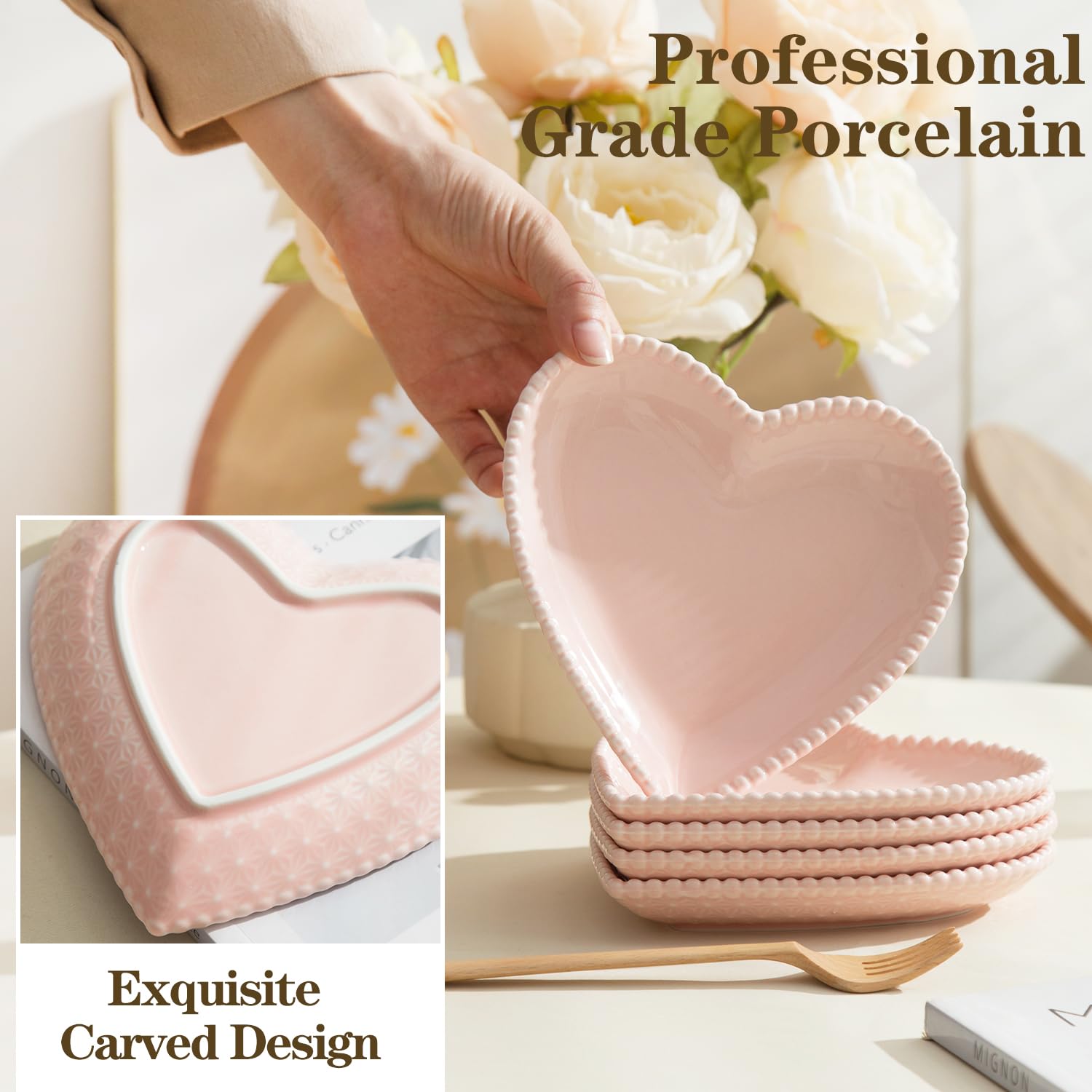 7.5 Inch Heart-Shaped Porcelain Appetizer Plates Set of 8 - Elegant Small Dinner Plates for Dessert, Salad, Cake, Snack & Ice Cream | Microwave, Oven & Dishwasher Safe | Perfect for Valentine's Day, Bridal Showers & Romantic Dinners (Pink)