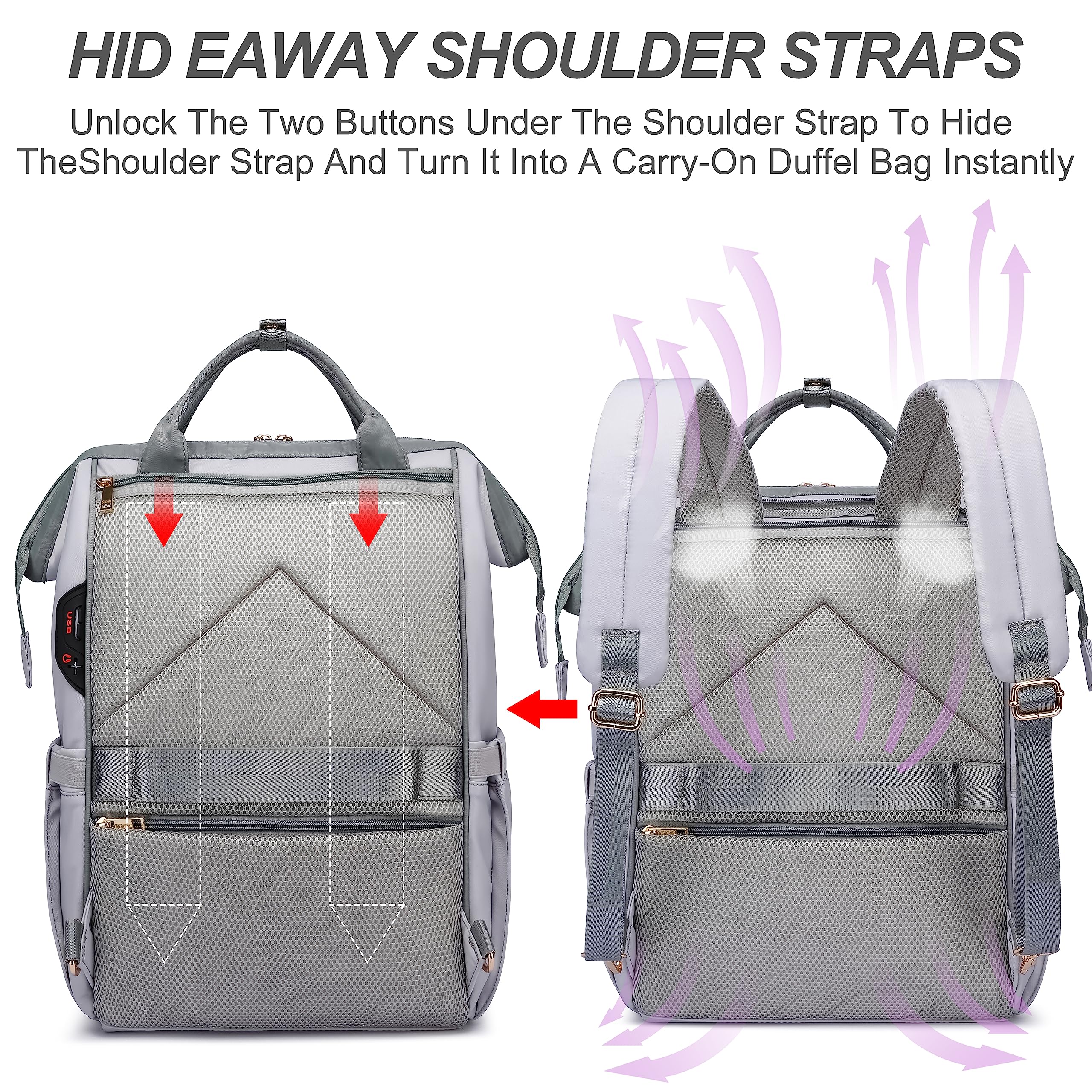17.3 Inch Anti-Theft Laptop Backpack for Women - Water Resistant Business Backpack with Large Capacity, Grey-White - Perfect for Travel, College & Work Commute
