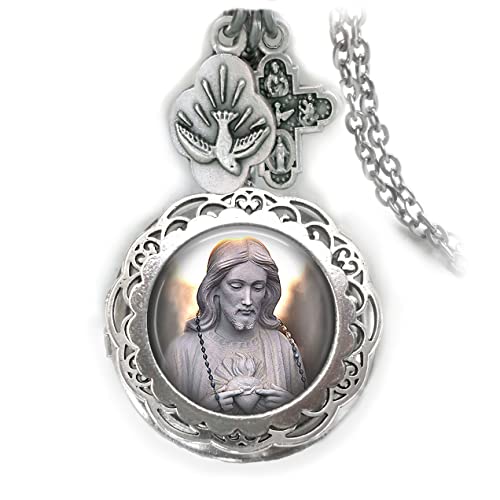 Sacred Heart of Jesus Locket Necklace - Catholic Religious Pendant Jewelry for Women, Sterling Silver Cross Charm for Prayer & Devotion - Perfect for Baptism, First Communion & Spiritual Gifts