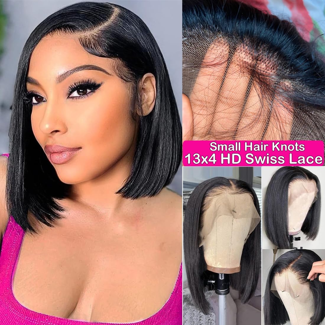 250% Density 13x4 HD Lace Front Bob Wig - Glueless Human Hair Pre Plucked with Baby Hair | Short Straight Frontal Bob Wig for Black Women | Natural Color 14 Inch | Perfect for Daily Wear, Parties & Special Occasions