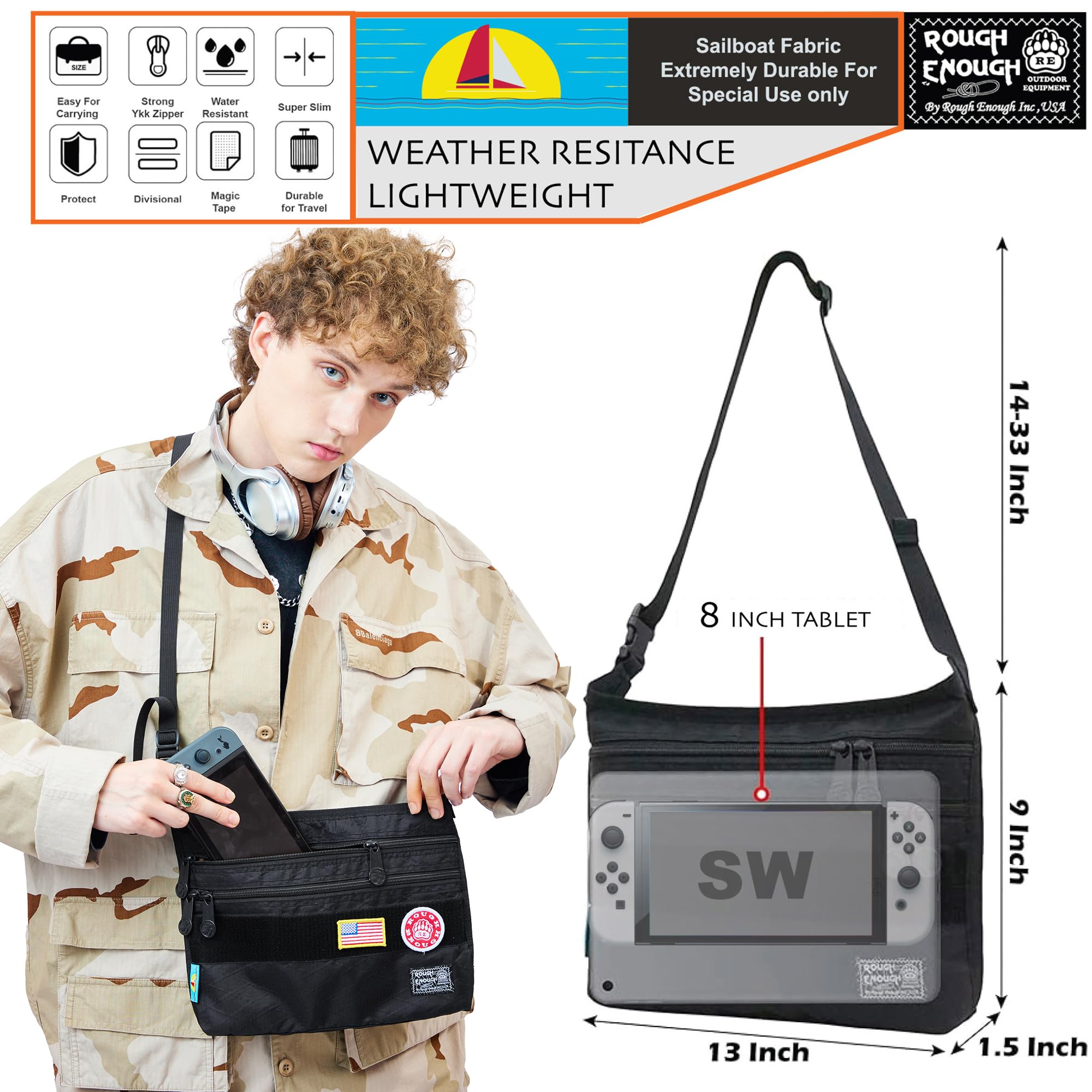 Men's Black Tactical Crossbody Sling Bag with 8-Inch Tablet Compartment & MOLLE System - Perfect for Travel, EDC, and Handheld Gaming - Stylish Japanese Slim Design for Teens & Adults