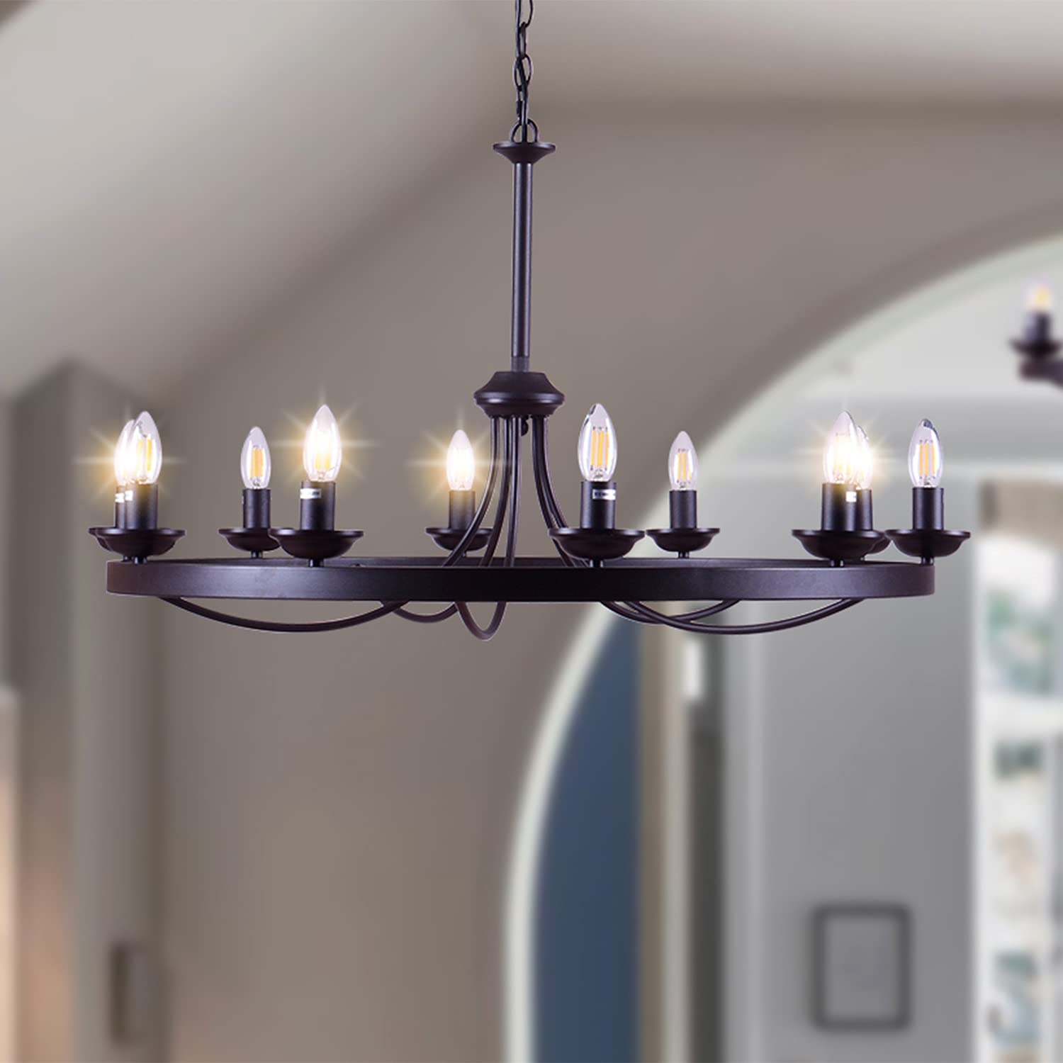 Erica 10-Light Candle Style Wagon Wheel Chandelier - Rustic Farmhouse Ceiling Light Fixture for Dining Room, Living Room & Bedroom Decor