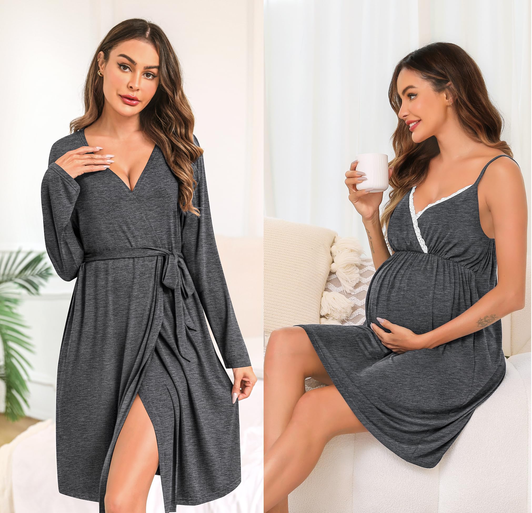SWOMOG Women's Maternity Robe - 3 in 1 Nursing Nightgown & Lace Bathrobe for Breastfeeding, Labor & Delivery - Soft Postpartum Lounge Dress for Hospital Stay & Home Comfort