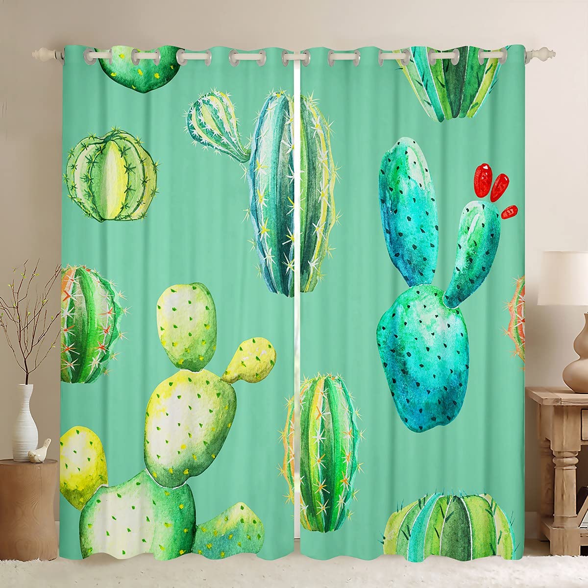 Boho Succulent Blackout Curtains - 2 Panels 52x90 Inch, Cactus & Botanical Print Window Treatments for Bedroom, Living Room & Kids Room - Darkening Drapes with Green Thorny Plants Design | Perfect for Home Decor, Privacy & Light Blocking