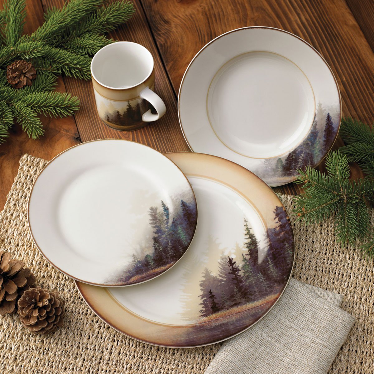 Black Forest Décor Misty Forest Cabin Dinnerware Set – 16-Piece Rustic Porcelain Plates, Bowls & Mugs for Cabin, Lodge or Farmhouse Dining | Perfect for Rustic Weddings, Holiday Gatherings & Cozy Family Meals