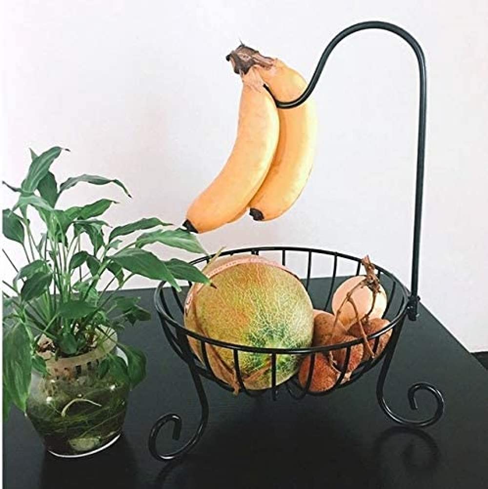 Stainless Steel Fruit Basket with Banana Holder - Modern Fruit Bowl & Storage Organizer for Kitchen Countertop, Dining Table, Office Desk - Durable Metal Banana Hook for Fresh Produce Display