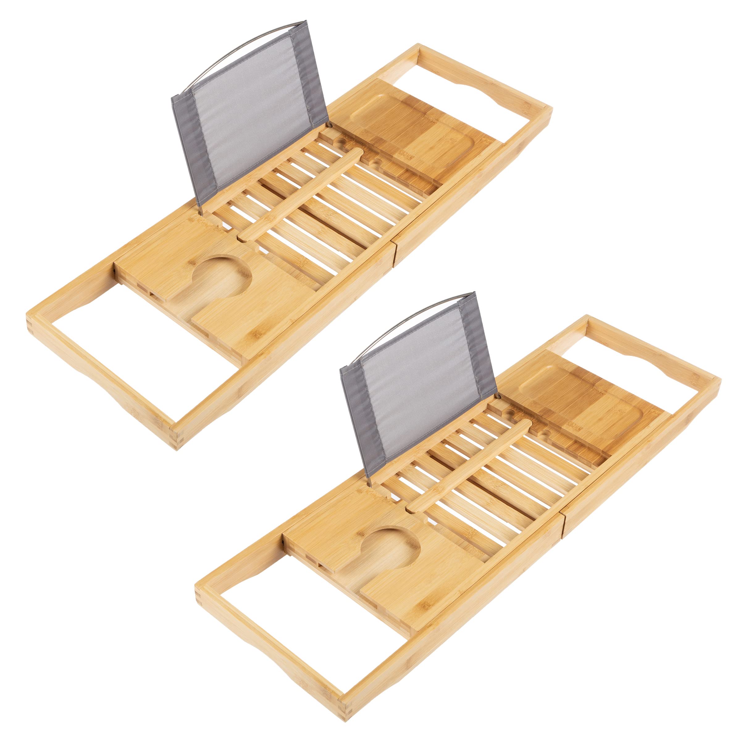 Expandable Bamboo Bathtub Tray Set of 2 - Natural Wood Bath Caddy with Cup Holder & Book/Phone/Tablet Stand | Perfect for Relaxing Baths, Spa Days & Reading in the Tub