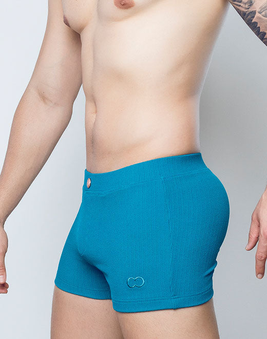 **2Eros Men's Teal Swim Trunks with Railroad Design - Quick Dry Beach Shorts for Swimming, Surfing & Summer Vacations**