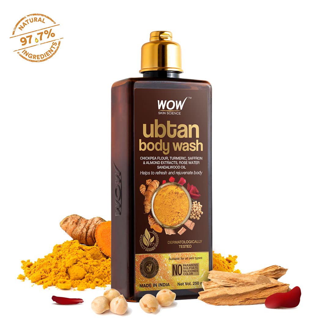 WOW Skin Science Ubtan Body Wash with Chickpea Flour, Almond Extract, Saffron & Turmeric - Natural De-Tan & Brightening Body Cleanser - Sulfate-Free, Paraben-Free, Silicone-Free - 250ml for Glowing Skin - Perfect for Daily Use & Post-Sun Care