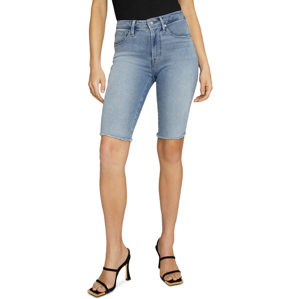 Good American Women's Frayed Hem Knee-Length Bermuda Shorts - Comfortable Denim Shorts for Summer, Casual Wear & Beach Outfits