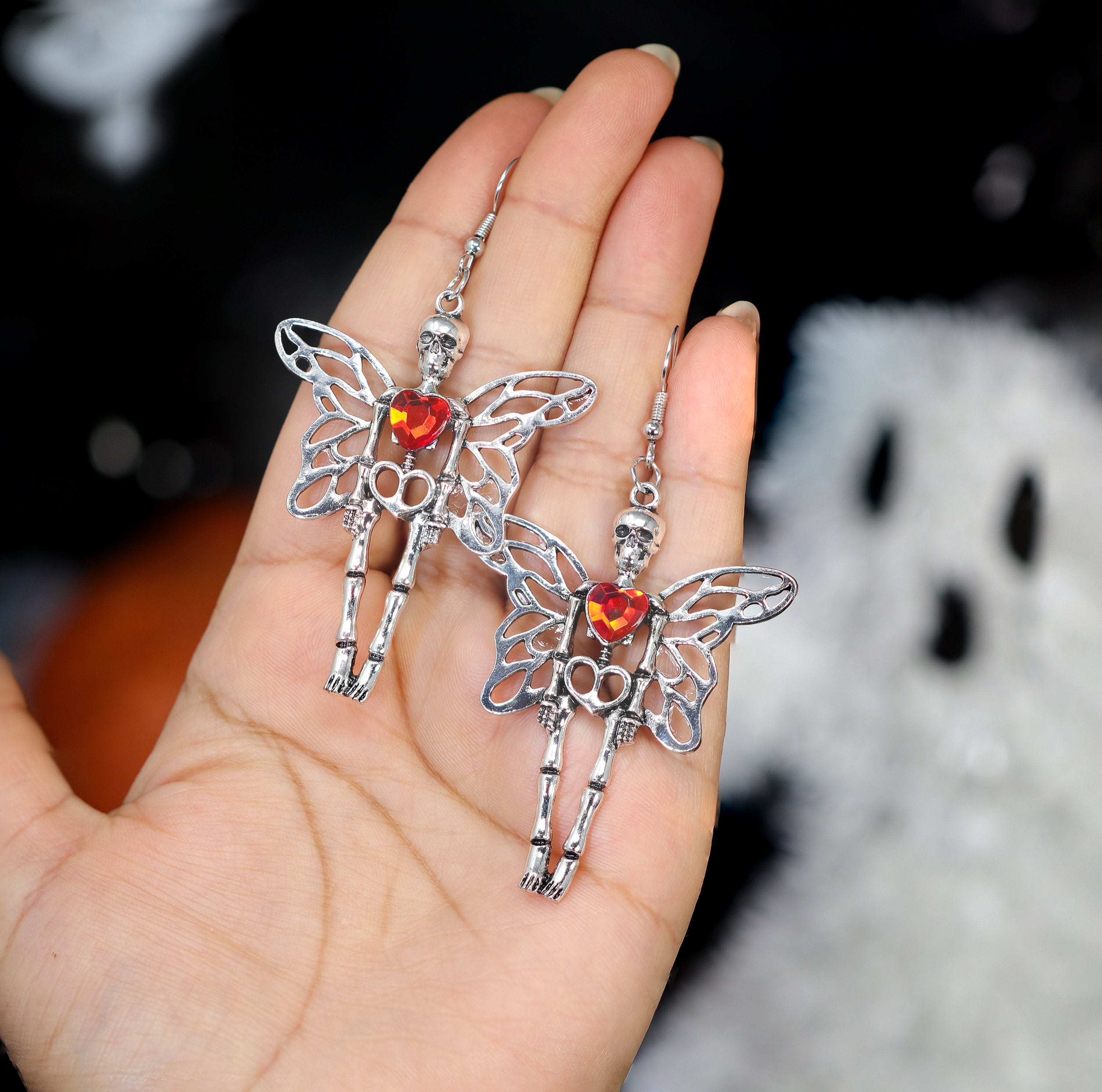 Red Heart Butterfly Skeleton Halloween Earrings - Long Rhinestone Dangle Earrings for Women, Gothic Spooky Statement Jewelry - Perfect for Halloween Parties, Costume Accessories & Gothic Fashion
