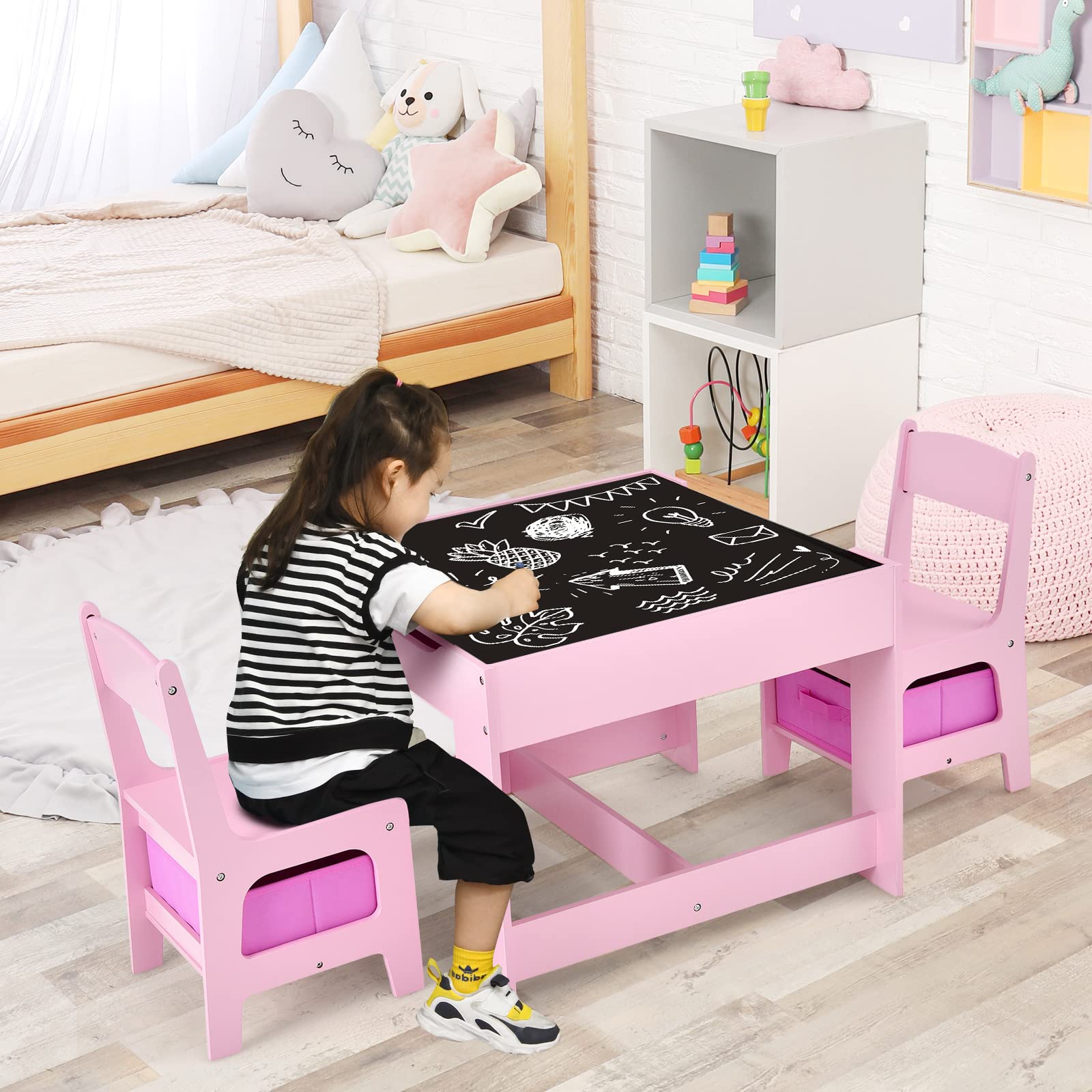 BETTARY 5-in-1 Wooden Kids Table and Chair Set with Storage Drawer & Detachable Blackboard - Toddler Activity Center for Arts, Crafts, Learning & Play - Perfect for Playroom, Preschool & Home (Pink) - Ideal for Ages 2-5 Years Old