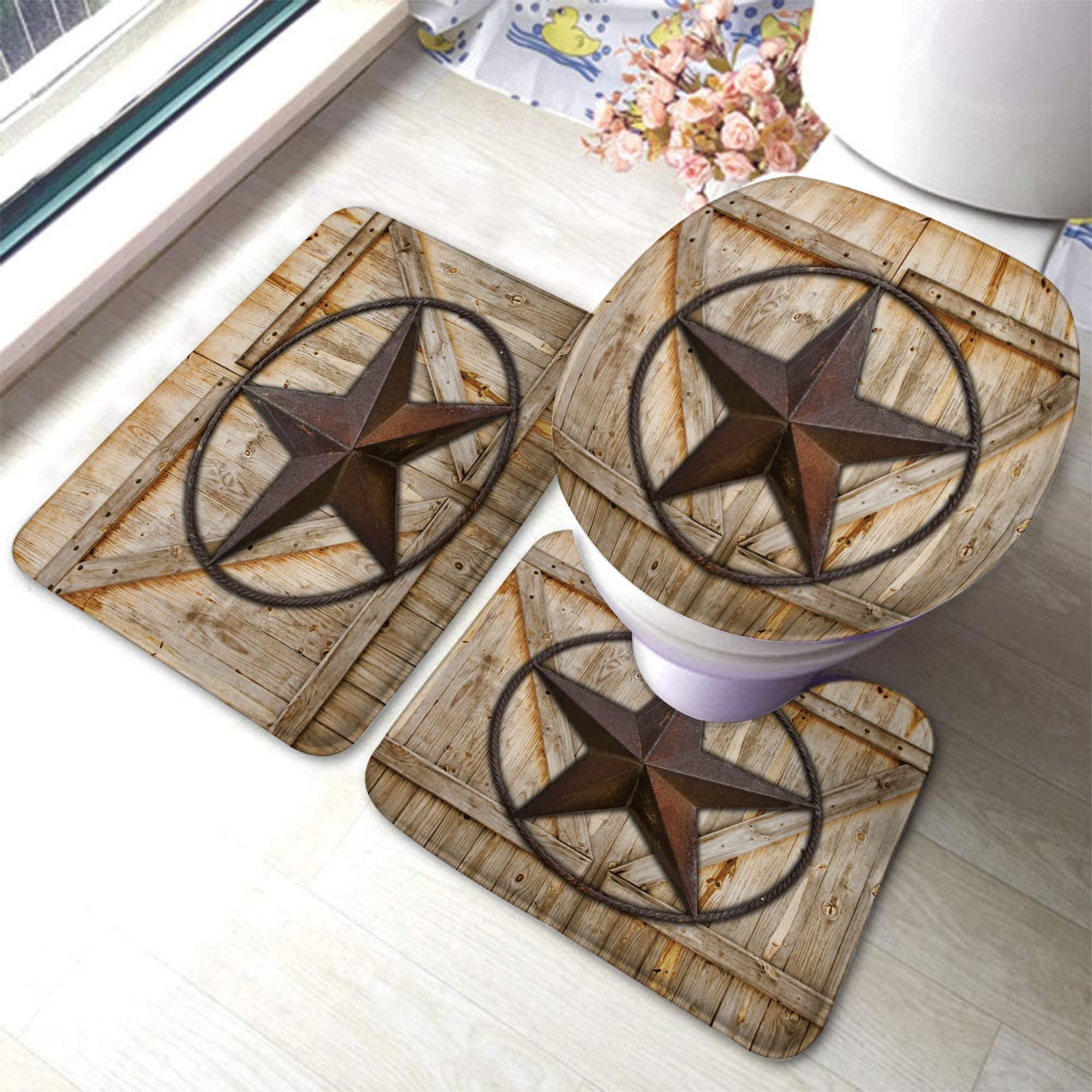 Non-Slip 3-Piece Bathroom Rug Set - Absorbent, Washable Bath Mats with Rustic Barn Star Western Texas Star Design for Country Style Bathroom Decor | Perfect for Bathroom, Laundry Room & Entryway Floor