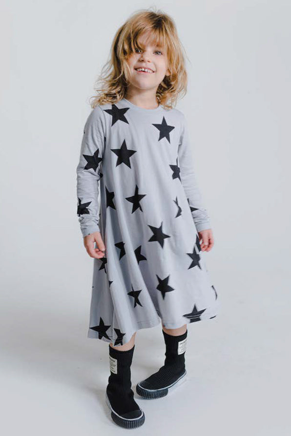 Nununu 360 Star Grey Girls Dress - Soft & Stylish Casual Wear for Toddlers & Kids - Perfect for Playdates, Parties & Everyday Outfits