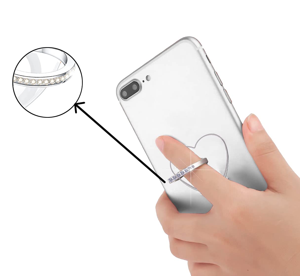 Sparkling Diamond Clear Heart Phone Ring Holder & Kickstand - Silver/Rose Gold - Secure Grip for Phones, Perfect for Selfies, Videos & Hands-Free Use at Home, Work or Travel